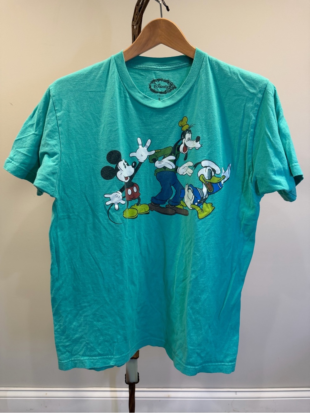GT-0141 Disney Mickey Goofy Donald Duck Graphic T-Shirt L Turquoise Aqua